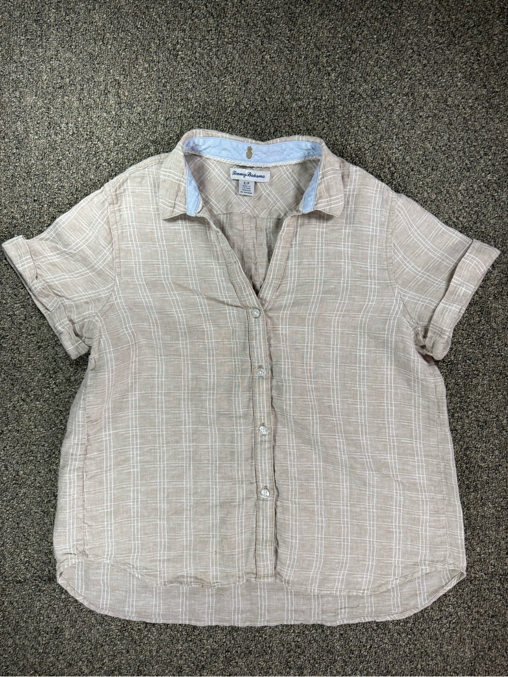 Tommy Bahama 100% Linen Plaid Short Sleeve Button Down Shirt Neutral Size Small